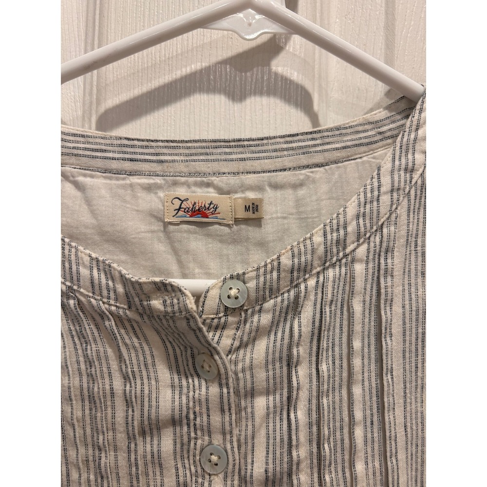 Faherty Gemina Womens Pintuck Dress M White Blue Striped Linen Blend Pocket - Picture 3 of 7